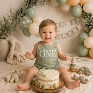 May include: A sage green linen romper with the word ONE printed in white on the chest, worn by a toddler sitting on a cream-coloured textured blanket. A round cake with green frosting accents sits on a wooden stand, surrounded by small knit toys.