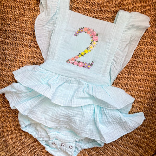 Girls Second Birthday Floral "2" Embroidered Romper - Toddler Girls 2nd Birthday Outfit - Ruffle Romper Cake Smash Outfit - Two Wild Party