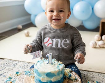 Custom Baseball First Birthday Embroidered Sweater - Rookie Year First Birthday Sweater - Gender Neutral Custom Birthday Outfit - Cake Smash