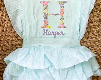 Baby/Toddler Girls Summer Romper - Floral Embroidered Ruffle Romper - Girls Monogram Outfit with Name
