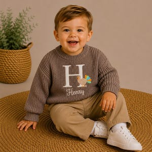 Thanksgiving Turkey Sweater - Custom Name Initial Monogram Chunky Knit Fall Holiday Baby Outfit
