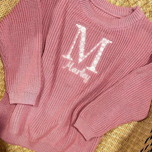Girls Personalized Floral Monogram Sweater - Baby/Toddler Girls Floral Initial & Name Embroidered Sweater - Girls Flower Letter Custom Top