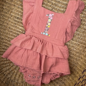 Floral 1 Embroidered Birthday Romper - Girls Wild One Flower Birthday Outfit