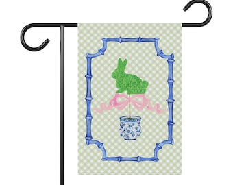 Bandera de jardín de Pascua, diseño de topiario de conejo de Pascua, estilo grandmillenial, diseño coqueto, bandera de cuadros vichy