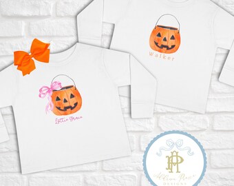 Cubo de calabaza de acuarela personalizado con diseño de coqueta // Camiseta de manga larga para niños pequeños // Otoño // Halloween // Diseños clásicos // Grandmillenial