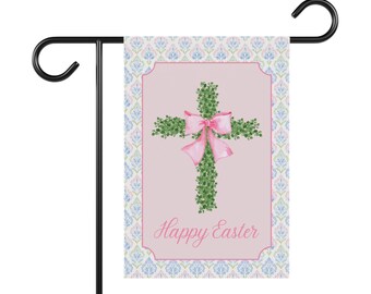 Bandera de Pascua para jardín, Cruz de boj con lazo, Estilo Grandmillenial, Diseño Coquette, Feliz Pascua