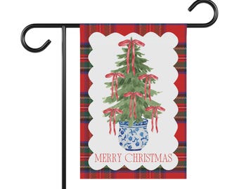 Bandera de jardín con diseño chinoiserie de cuadros rojos // Feliz Navidad // estilo clásico // azul y blanco // coqueta // grandmillenial