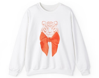 Sudadera de cuello redondo para mujer // Lazo de tigre de Clemson // acuarela // coqueta