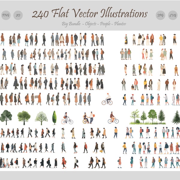 GROTE BUNDEL - 240 platte vectorillustraties - Volledig bewerkbaar - Lopende mensen - Bomen - Objecten - Staande mensen - HOGE kwaliteit