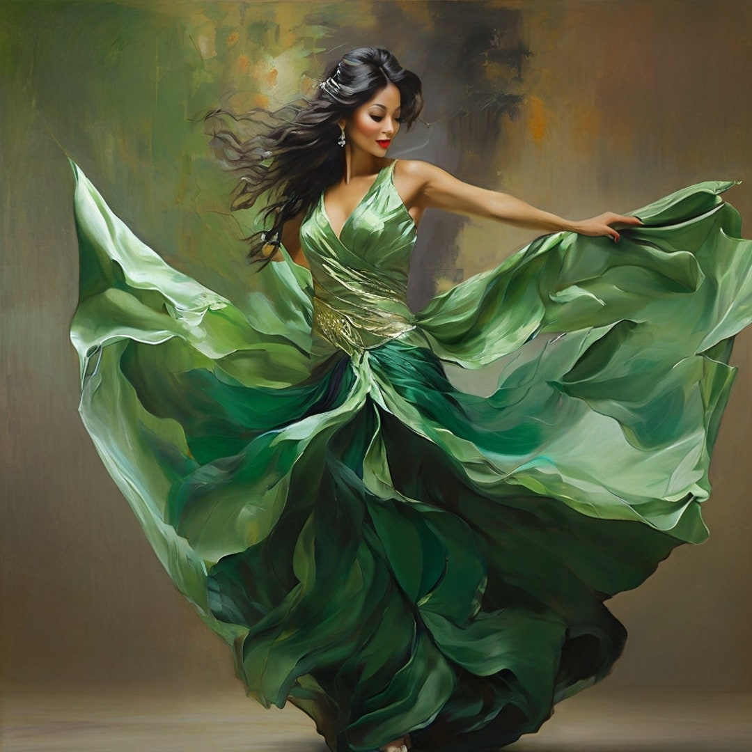 An Oil Painting of a Beautiful Woman in a Flowing Green Dress - Etsy