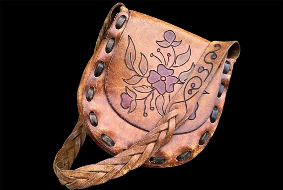 Vintage 70s Large Hand Tooled Leather Boho Handba… - image 1