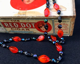 Vintage Black and Red Orange Long Necklace