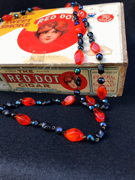 Vintage Black and Red Orange Long Necklace - image 1