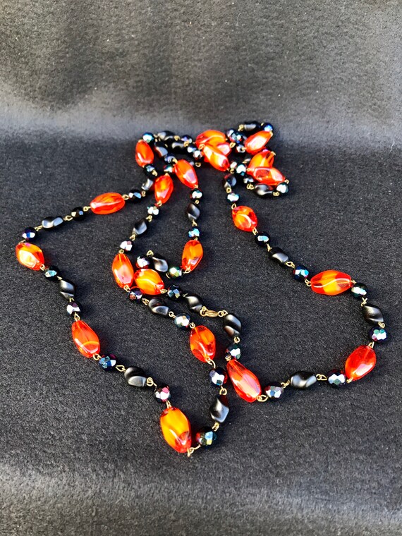 Vintage Black and Red Orange Long Necklace - image 5