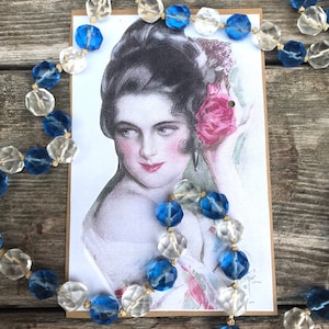 1920s Hand Knotted Blue and Clear Faceted Bead Flapper Necklace 42 Inches REDUCED