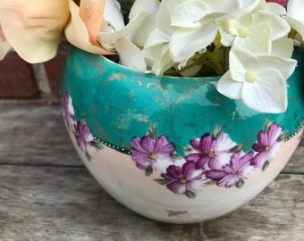 Vintage Antique Distressed Hand Painted Vase Aqua and Purple Shabby Salvaged