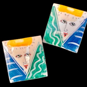 Vintage 80&#39;s Hand Painted Square Ceramic Earrings