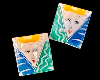 Vintage 80's Hand Painted Square Ceramic Earrings