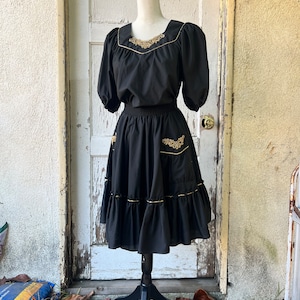 Vintage Malco San Francisco Black and Gold Square Dance Two Piece Outfit Top and Skirt Set Size Small