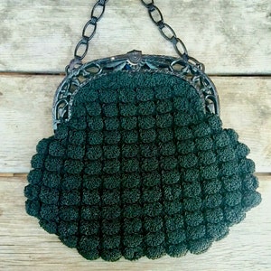 Vintage Black Knit Purse Handbag With Molded Black Celluloid Handle