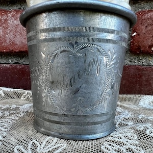 Victorian Edwardian Metal Aluminum Etched Cup Plus Bonus Cup
