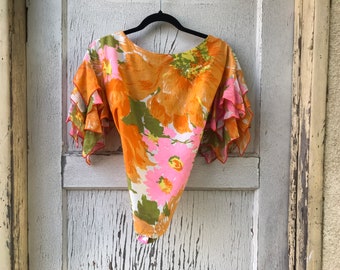 Vintage 1960s Orange Go Go Ruffled Sleeve Top Medium