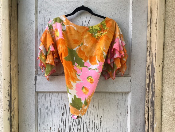 Vintage 1960s Orange Go Go Ruffled Sleeve Top Med… - image 1