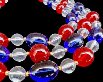 Vintage Red White and Blue 3 Strand Choker Necklace Circa 1950s