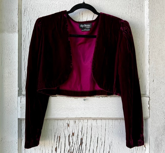 Vintage Velvet Cropped 80s 90s Blazer Jacket With… - image 1