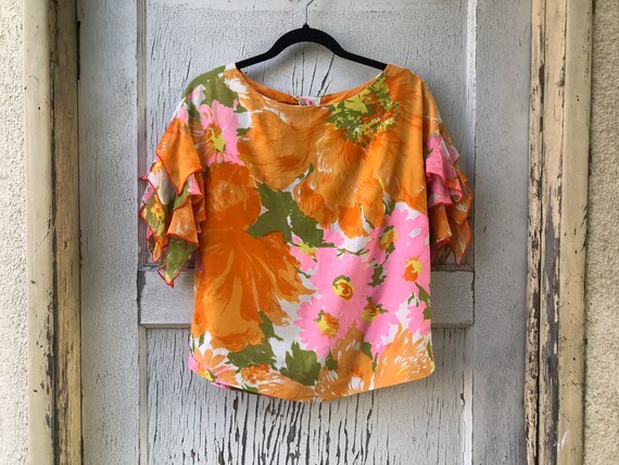 Vintage 1960s Orange Go Go Ruffled Sleeve Top Med… - image 3