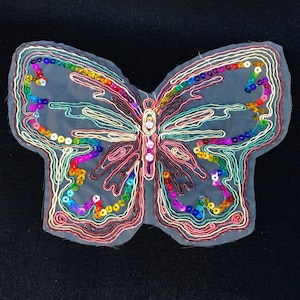 May include: A colorful butterfly-shaped patch with iridescent sequins and a translucent fabric background.