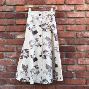 Vintage A-Line Cotton Skirt With 80&#39;s Does 1920s Graphics & Buttons 21 inch Waist