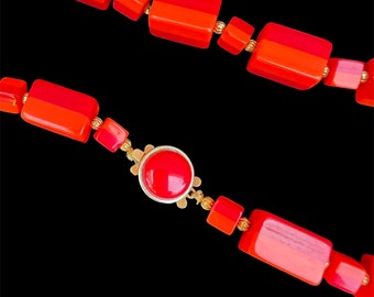 Vintage Bold Red and Orange Rectangular Bead Necklace