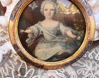 Vintage Antique Style Petite Round Italian Gold Embellished Frame Infant Young Child Print Portrait