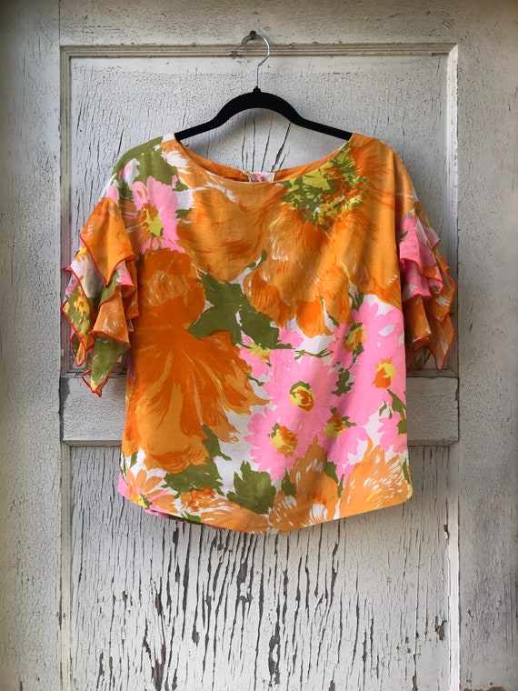 Vintage 1960s Orange Go Go Ruffled Sleeve Top Med… - image 8