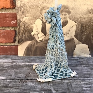 Antique Edwardian Blue Crocheted Drawstring Bag With Bows