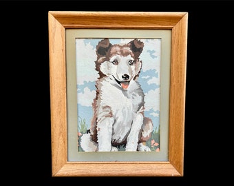Vintage Husky Dog Puppy Paint By Numbers 1970s Husky Framed and Matted