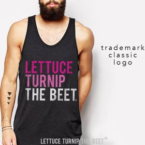 SALE Lettuce turnip the beet ® trademark brand OFFICIAL site - dark grey tank top with pink classic ombre logo - funny vegan yoga gym shirt