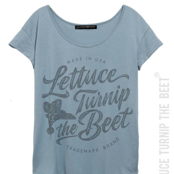 Lettuce turnip the beet ® trademark brand OFFICIAL SITE - blue women's t shirt with cursive grey logo - barre, yoga, juicing, farm, garden