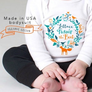 SALE organic Lettuce turnip the beet ® trademark brand long sleeve bodysuit eco friendly cotton forest fox nature baby gift image 1