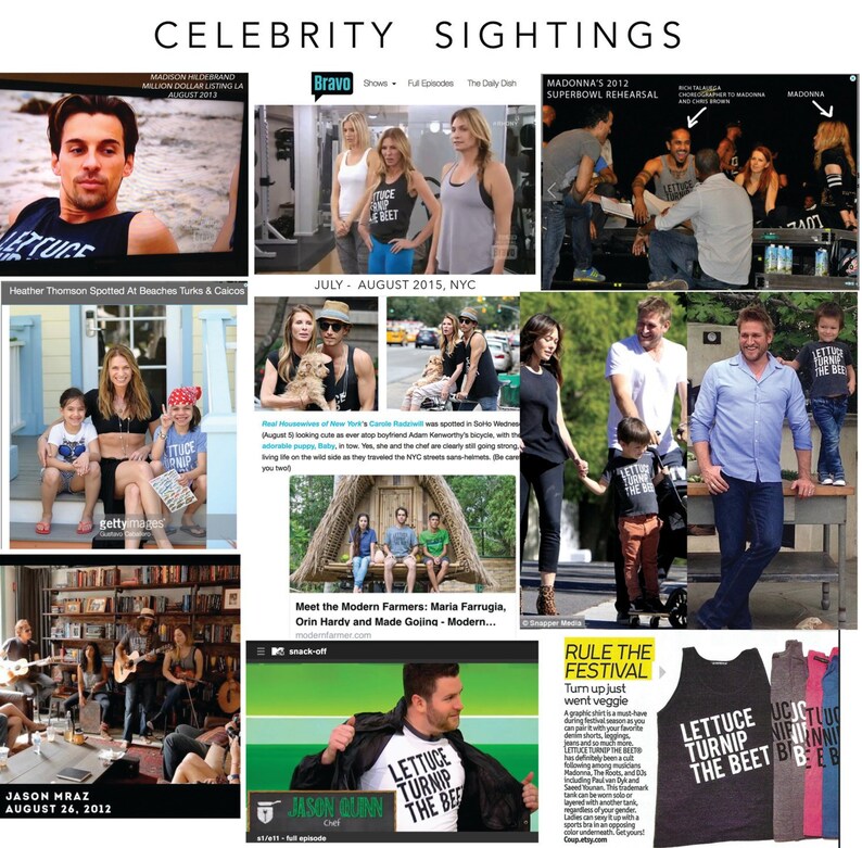 May include: A collage of images featuring celebrities, including Heather Thomson, Jason Mraz, and Madonna. The images are from various events and locations, including a beach, a gym, and a city street. The collage also includes a photo of a man wearing a t-shirt with the text "Lettuce Turnip the Beet".
