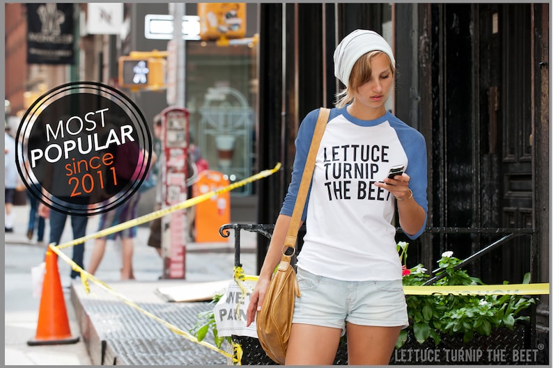 Lettuce turnip the beet ® trademark brand OFFICIAL SITE blue heather baseball jersey funny foodie chef music yoga vegan vegetarian shirt image 1