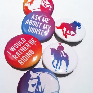 equestrian pinback button set 6 pack 1.5 each original designs barn, horses, jumping, dressage, XC, endurance, English riding pins Bild 2