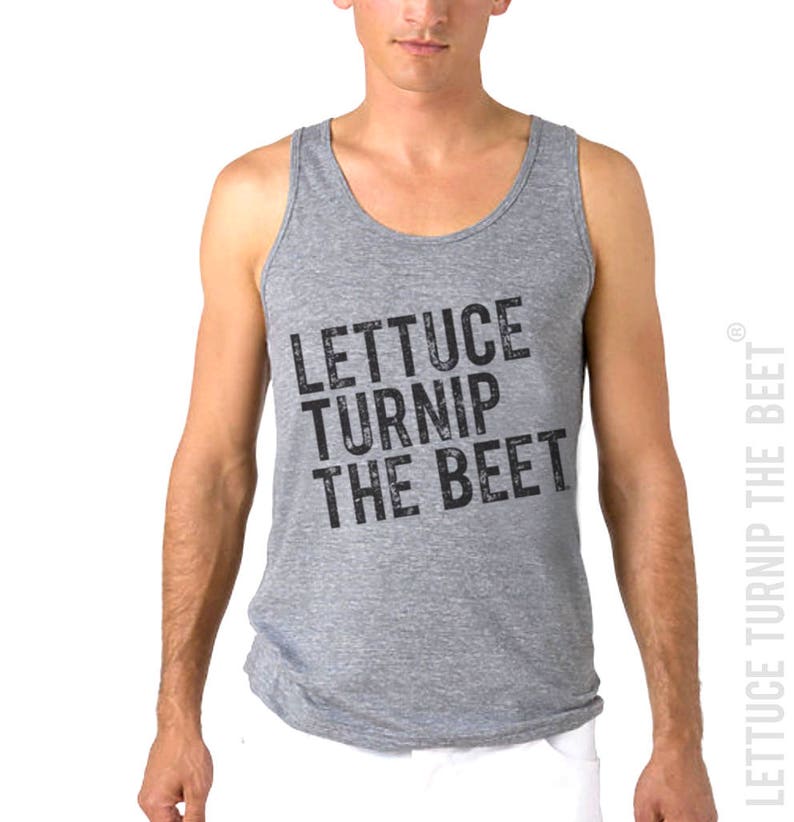 Lettuce turnip the beet ® trademark brand OFFICIAL site grey heather tank top with distressed logo foodie vegan crossfit farming chef image 1