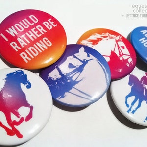 equestrian pinback button set 6 pack 1.5 each original designs barn, horses, jumping, dressage, XC, endurance, English riding pins Bild 1