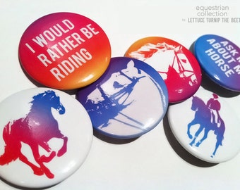 equestrian pinback button set - 6 pack - 1.5" each - original designs - barn, horses, jumping, dressage, XC, endurance, English riding pins