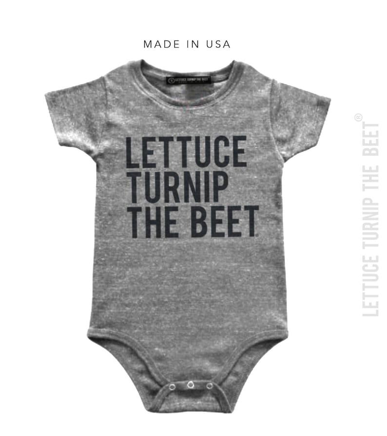 Lettuce turnip the beet ® trademark brand OFFICIAL SITE gray heather bodysuit in Pregnancy and Newborn magazine funny baby gift vegan image 2