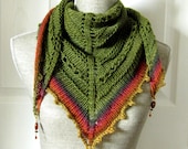 SALE - Handknit Women Triangle Scarf Shawl Style Neckwrap with Bead Dangles - Forest Green and Brick Red