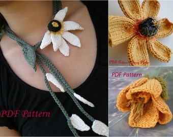 PDF Knit Jewelry Pattern Set - Does He Love Me Lariat, Daisy Flower, Poppy Flower