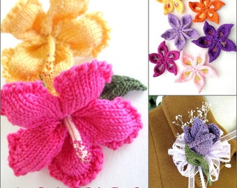 PDF Flower Knitting Pattern Set - Hibiscus, Sakura, Rose Bud Corsage/Boutonniere